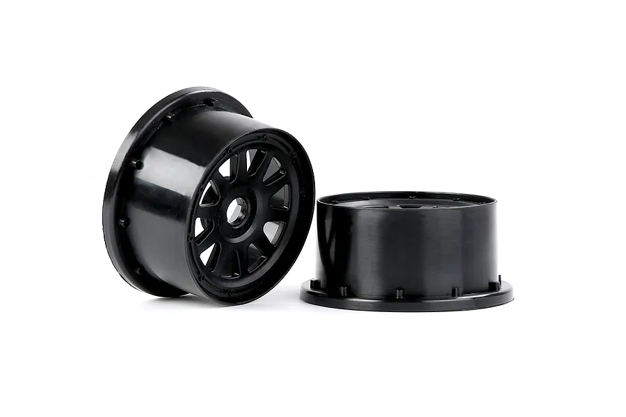 Two black Rovan 1/5 scale short course RC car rear rims positioned on a white background.
