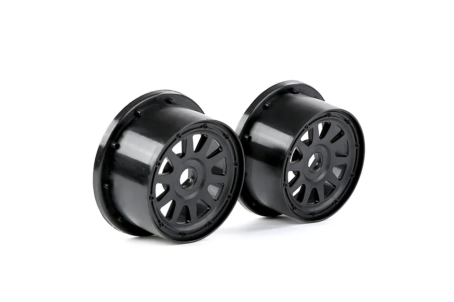 Two black Rovan 1/5 scale 5SC rear RC car rims shown from a side angle on a white background.
