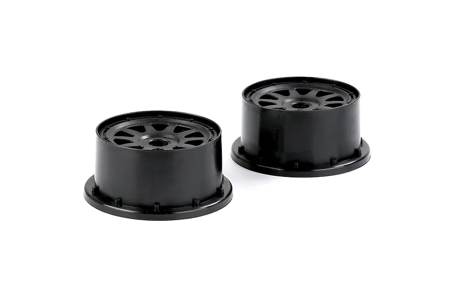 Two black Rovan 1/5 scale short course rear rims for RC cars, shown from a high angle against a white background.