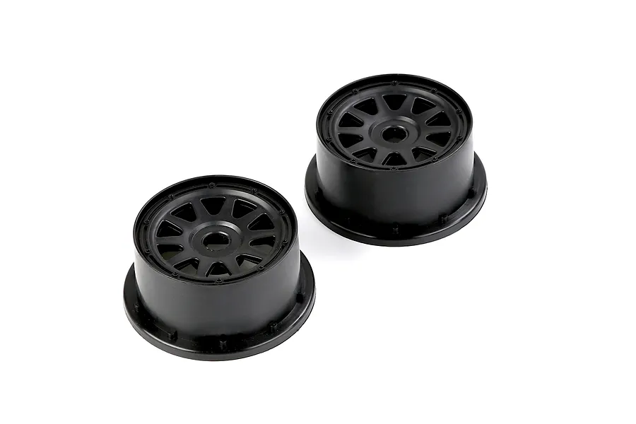 Two black Rovan 1/5 scale short course rear rims for RC cars, shown from a high angle against a white background.
