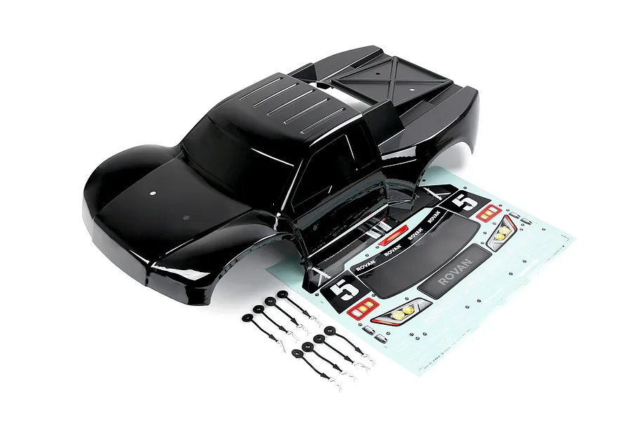 A black Rovan 1/5 scale 5SC short course RC body shell with a matching decal sheet and body clips on a white background.