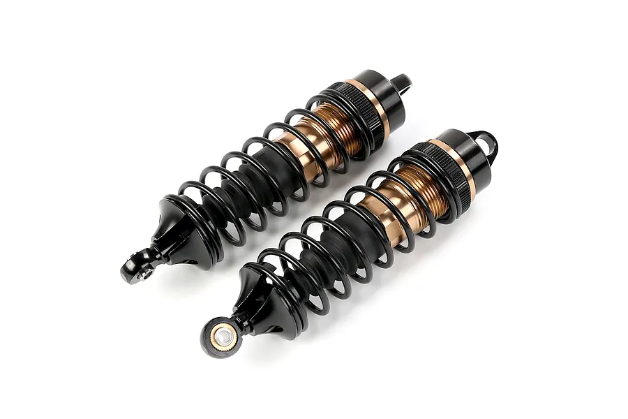 Two Rovan aluminium front adjustable shock absorbers in bronze and black finish, shown against a plain white background.