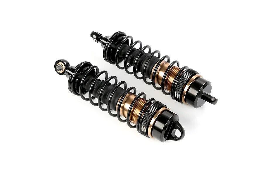 Two Rovan aluminium front adjustable shock absorbers in bronze and black finish, isolated on a white background.