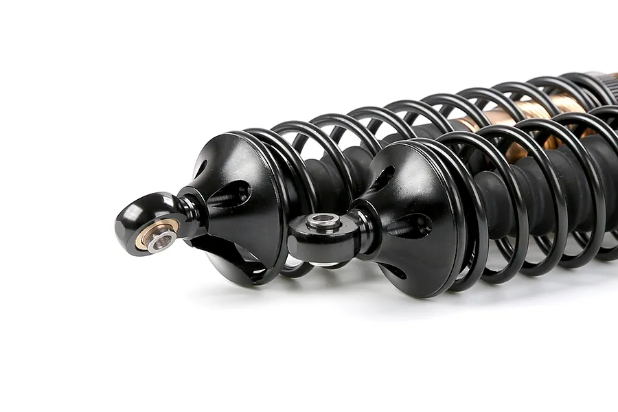 Two Rovan aluminium rear adjustable RC shock absorbers with black springs and bronze-coloured bodies on a white background.