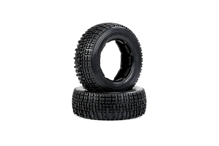 Two black Rovan 1/5 scale RC short course truck tyres stacked on a white background.