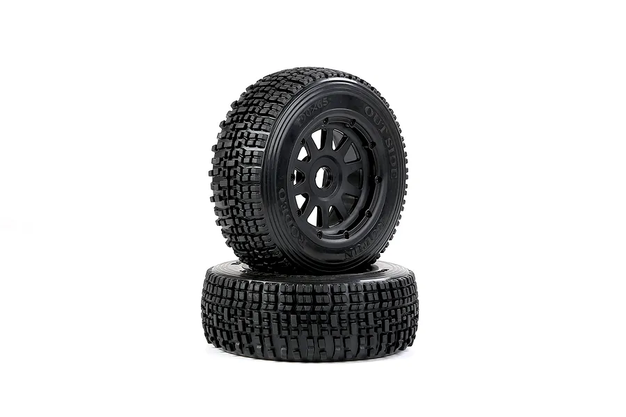 Two black Rovan 1/5 scale short course RC truck wheels with knobby off-road tyres stacked on a white background.