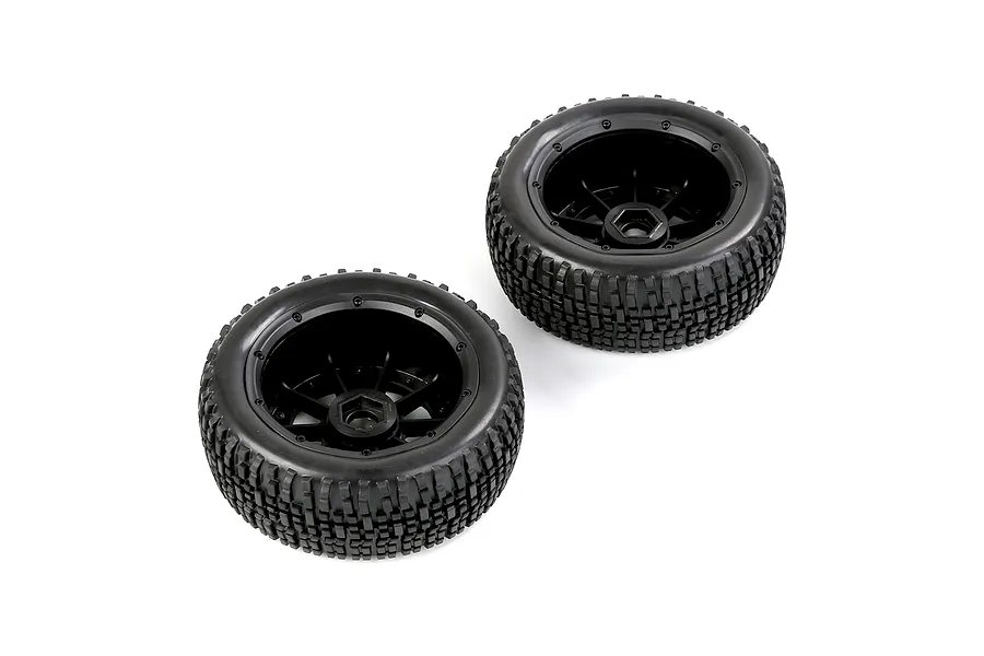 Two Rovan 1/5 scale short course RC front tyres mounted on black beadlock rims against a white background.