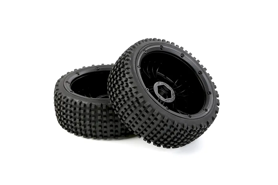 Two 1/5 scale RC buggy wheels with black closed rims and knobby Dirt Buster style rubber tyres against a white background.
