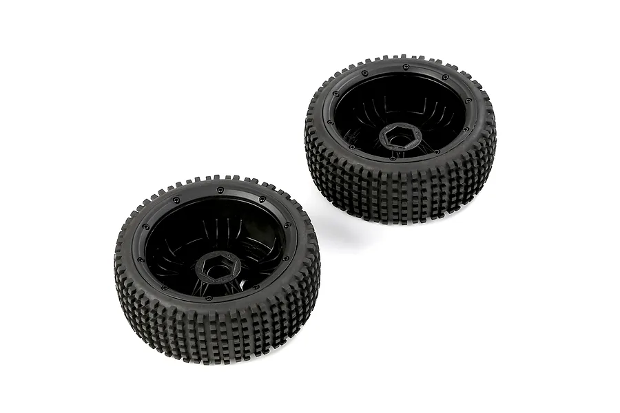 Two 1/5 scale RC buggy wheels with black closed rims and knobby Dirt Buster tires, shown from a high angle against a white background.