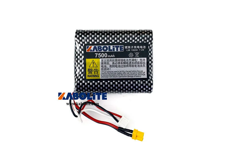 Kabolite 7.4V 7500mAh Li-Ion battery pack with a carbon fiber pattern wrap and yellow XT60 connector.