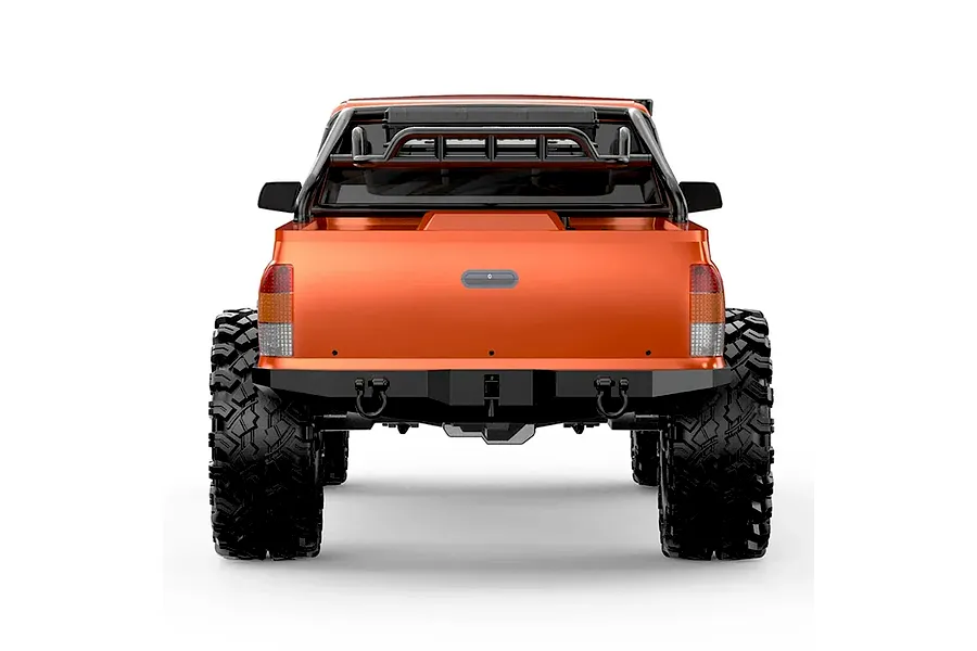 Rear view of the MJX RC Allrock 1/8 scale rock crawler, featuring an orange truck body, black roll cage, and large off-road tires against a white background.