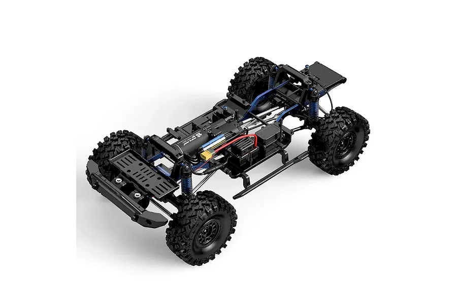 High-angle studio shot of an MJX RC Allrock 1/8 scale rock crawler chassis without a body shell, showing the motor, suspension, and drivetrain.