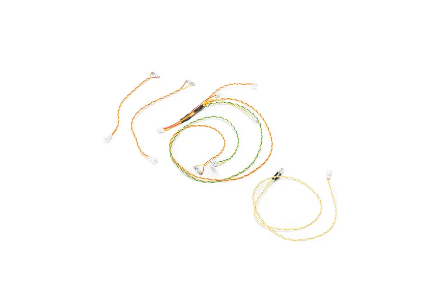 E-Flite LED light set for RC planes featuring multiple LED bulbs connected by thin, twisted orange, green, and white wiring with small white connectors.