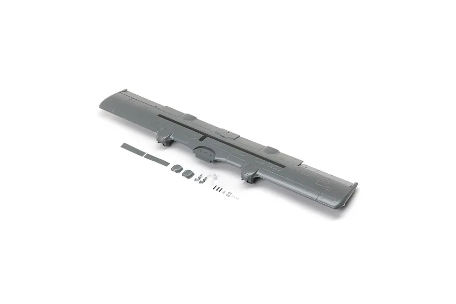 A grey E-Flite RC airplane wing set with included small plastic parts and screws on a white background.