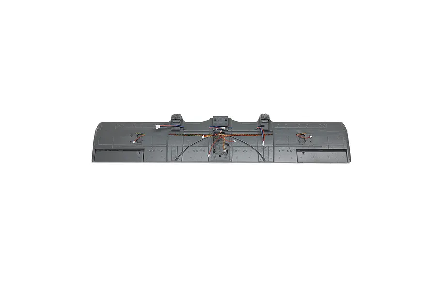 Grey foam RC airplane wing set with pre-installed wiring and connectors, viewed from the underside against a white background.