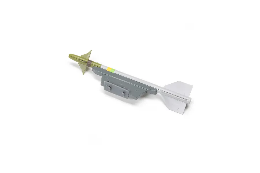 A grey and olive green scale model missile accessory for an RC plane on a white background.