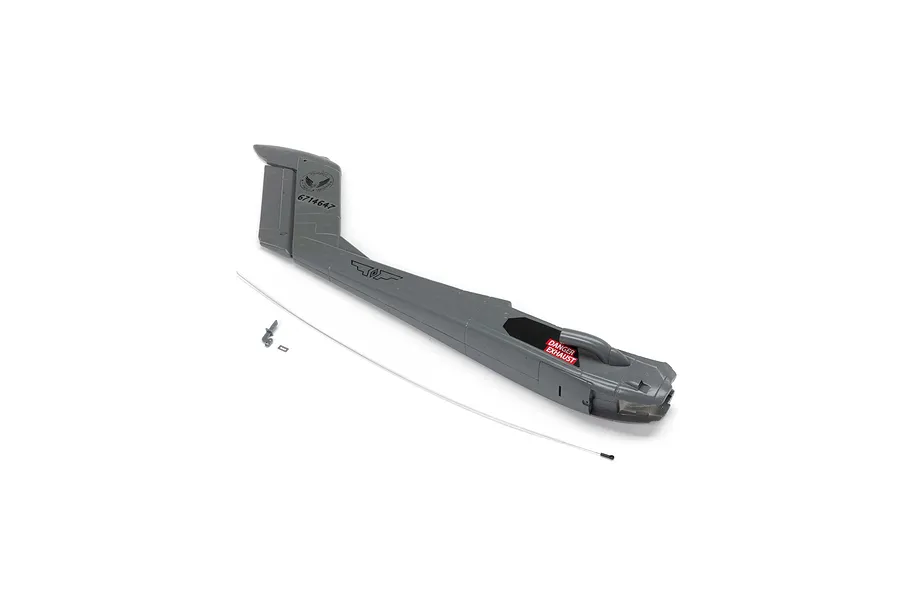 A grey E-Flite RC plane fuselage boom spare part with decals, including a small metal rod and hardware, isolated on a white background.