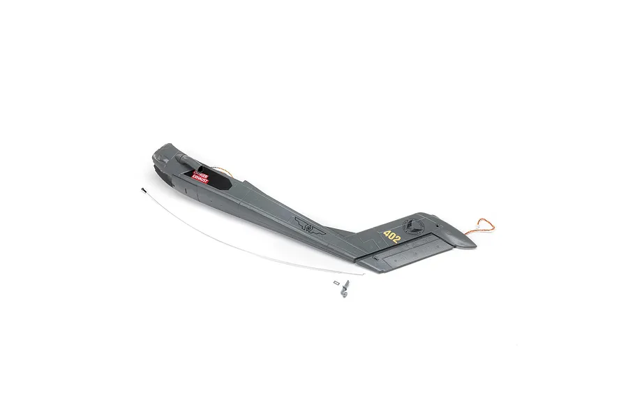 Grey E-Flite RC plane fuselage boom section with tail assembly, featuring '402' markings and a 'DANGER EXHAUST' warning label.