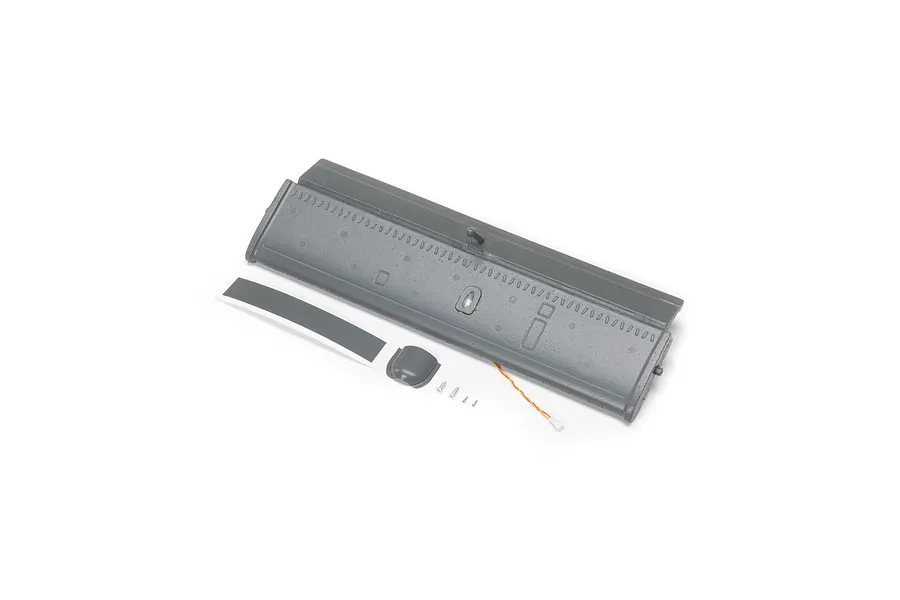 E-Flite grey foam horizontal stabiliser for RC plane with included screws, decal strip, and small plastic part on a white background.