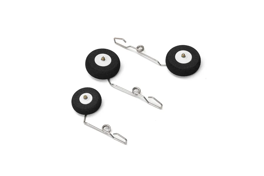 A set of three E-Flite RC airplane landing gear struts with black foam wheels and white plastic hubs on a white background.