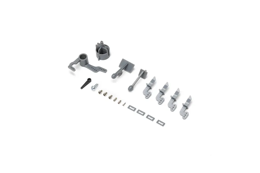 E-Flite control horn set including various grey plastic control horns, servo arms, screws, and small rectangular backing plates.