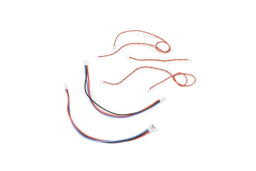A set of various RC wiring extensions with white plastic connectors against a white background.
