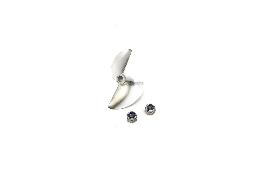 A silver metal RC boat propeller and two small locking nuts isolated against a white background.