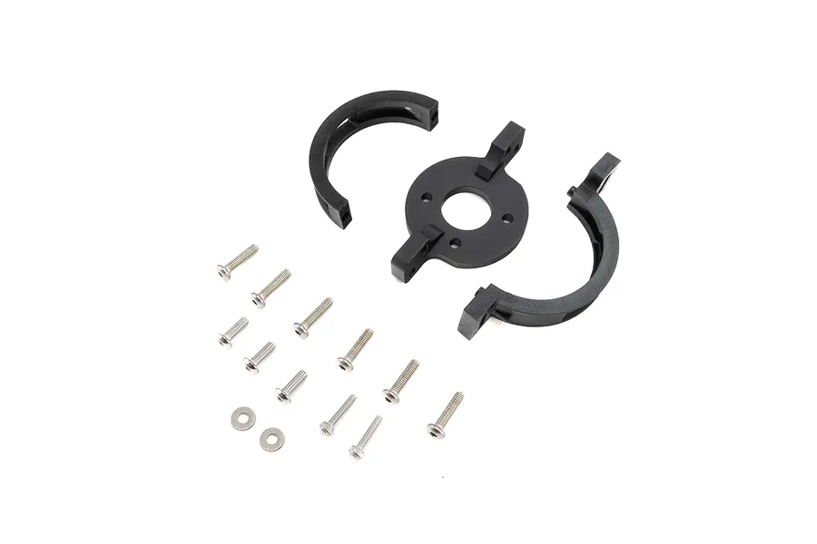 Pro Boat motor mount components including a central circular mount, two curved side brackets, and various metal screws and washers on a white background.