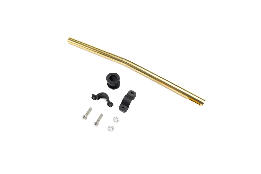 Pro Boat stuffing tube kit including a brass tube, black plastic mounting brackets, rubber grommet, and small metal screws and washers.