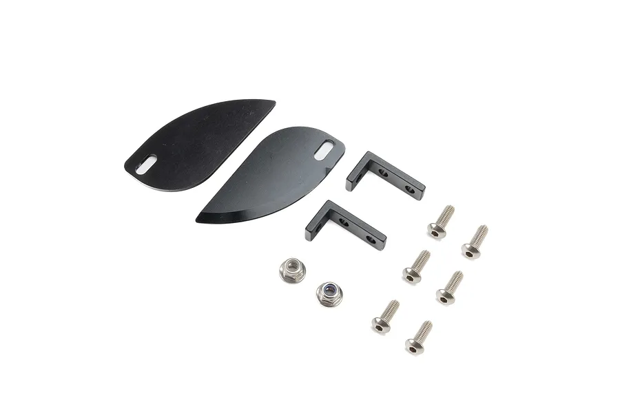 A set of two black RC boat turn fins with L-shaped mounting brackets, two locking nuts, and six silver machine screws on a white background.
