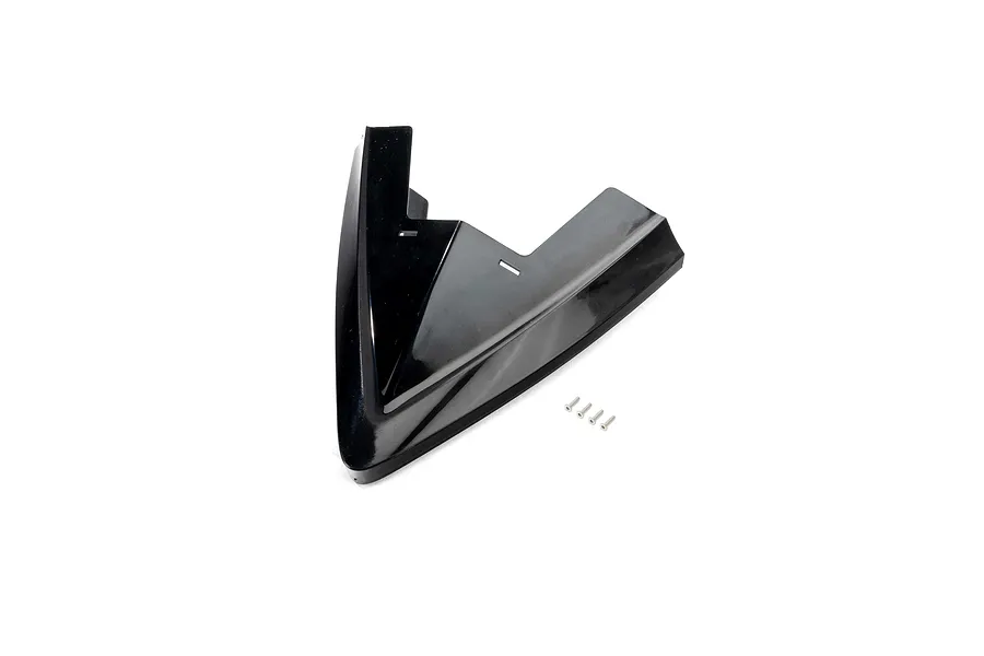 A black plastic RC boat bow cap with four small silver mounting screws on a white background.