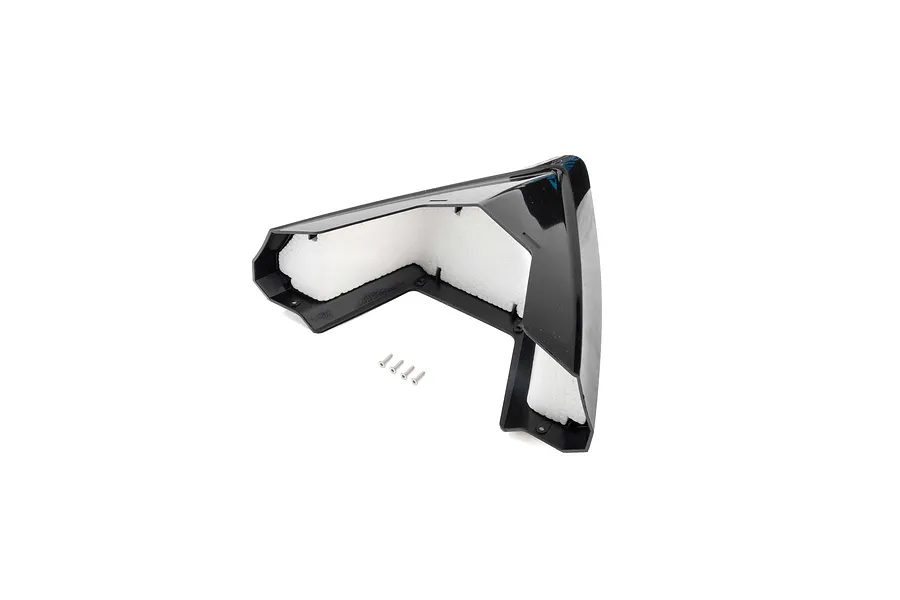 A black plastic RC boat bow cap with white internal foam padding and four small metal screws on a white background.