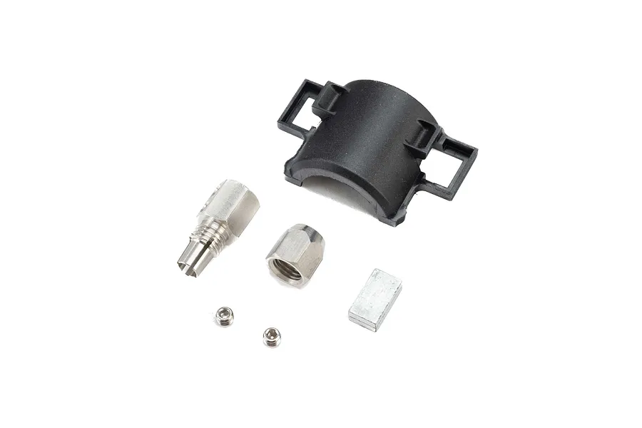 Pro Boat motor coupler and black plastic cover with associated metal hardware components on a white background.