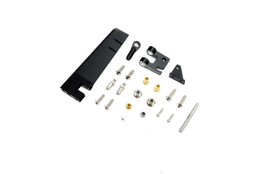 A Pro Boat black rudder assembly kit including the rudder blade, mounting brackets, screws, nuts, and small metal hardware components on a white background.
