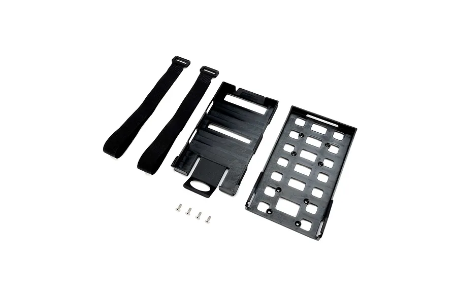 Pro Boat SSL battery mount and holder set including two black velcro straps, two black plastic mounting plates, and four small silver screws.