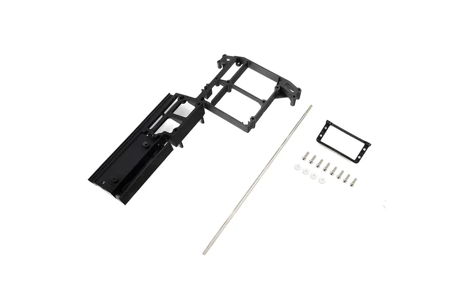 Pro Boat servo and receiver box mount kit including plastic frame, metal rod, screws, and washers on a white background.