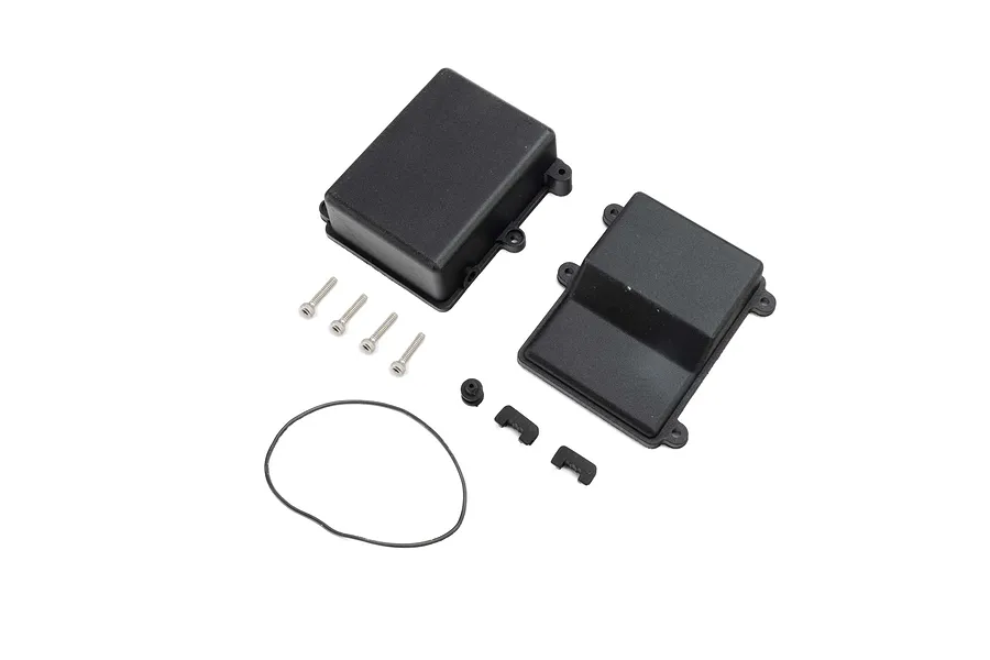 Pro Boat receiver box kit including two black plastic housing halves, four metal screws, a rubber O-ring seal, and small rubber grommets.