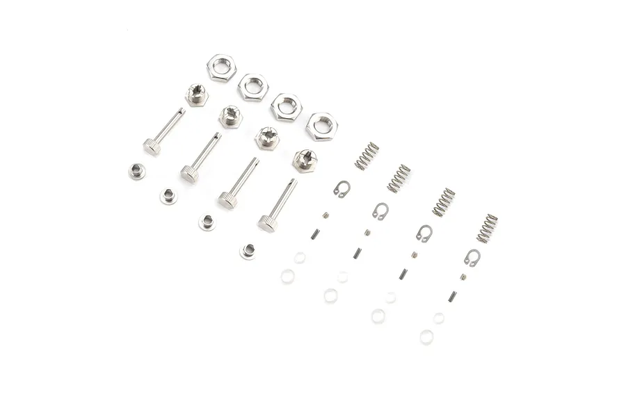 A set of Pro Boat quick canopy latch components including metal pins, nuts, springs, e-clips, and small washers arranged on a white background.