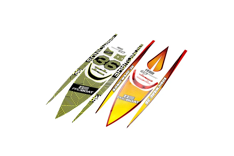 A set of Pro Boat Sonicwake 36 decal sheets featuring yellow, black, and red geometric patterns and branding logos on a white background.
