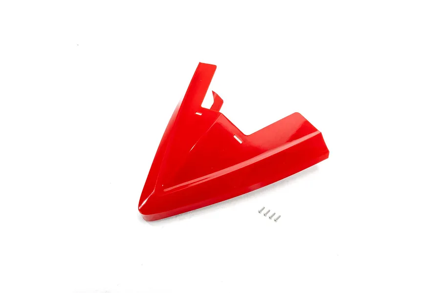 A red plastic RC boat bow cap with four small silver screws on a white background.