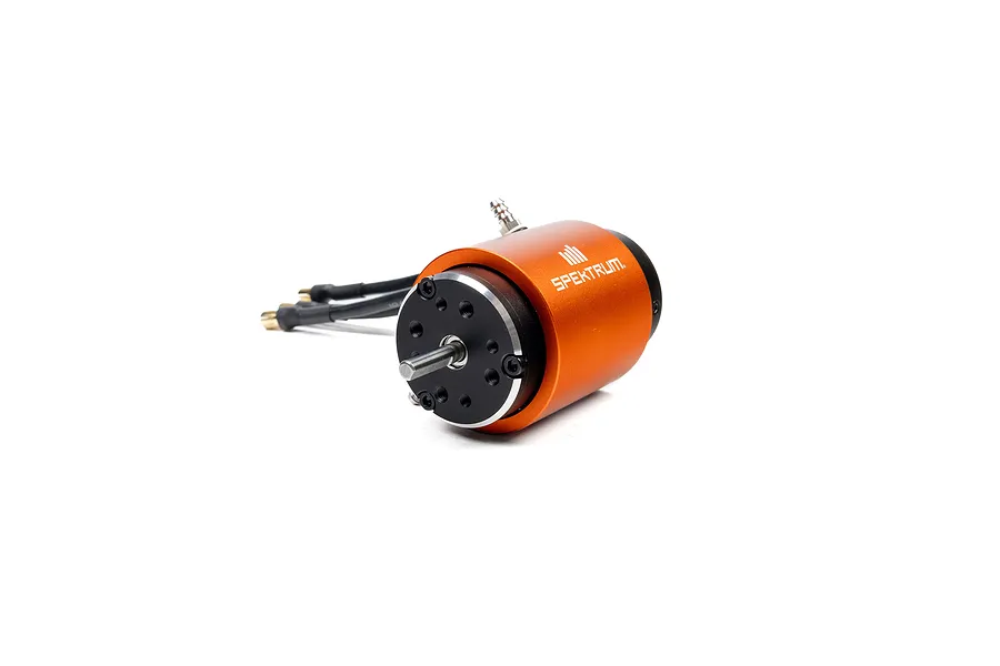 Spektrum 1350KV brushless marine motor with an orange anodized casing and water cooling fitting, shown against a white background.