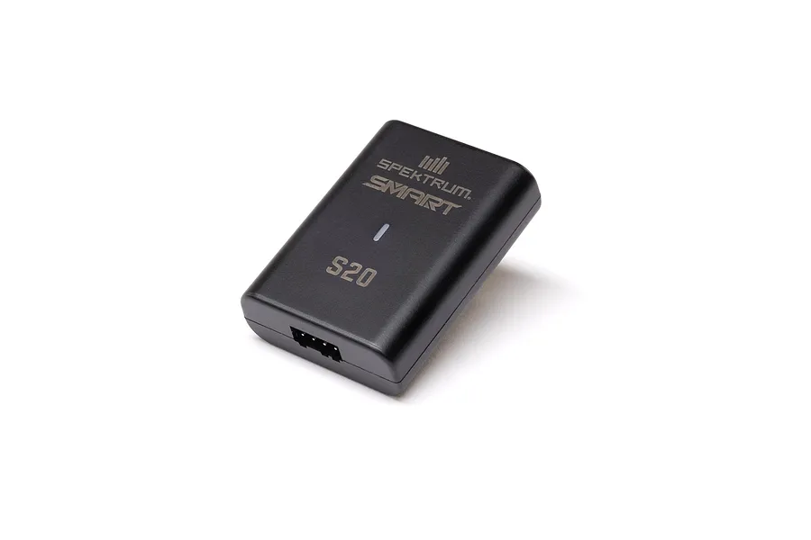 Spektrum S20 Smart LiPo charger unit in black plastic with a single status LED and charging port.