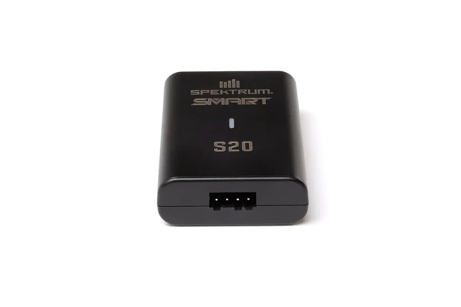 A black Spektrum S20 Smart LiPo charger unit shown from the front, featuring a 4-pin connector port and branding on the top surface.