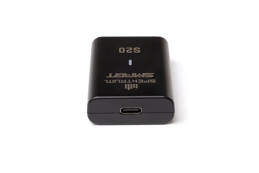 Spektrum S20 Smart USB-C LiPo charger unit in black, showing the USB-C input port and branding on a white background.