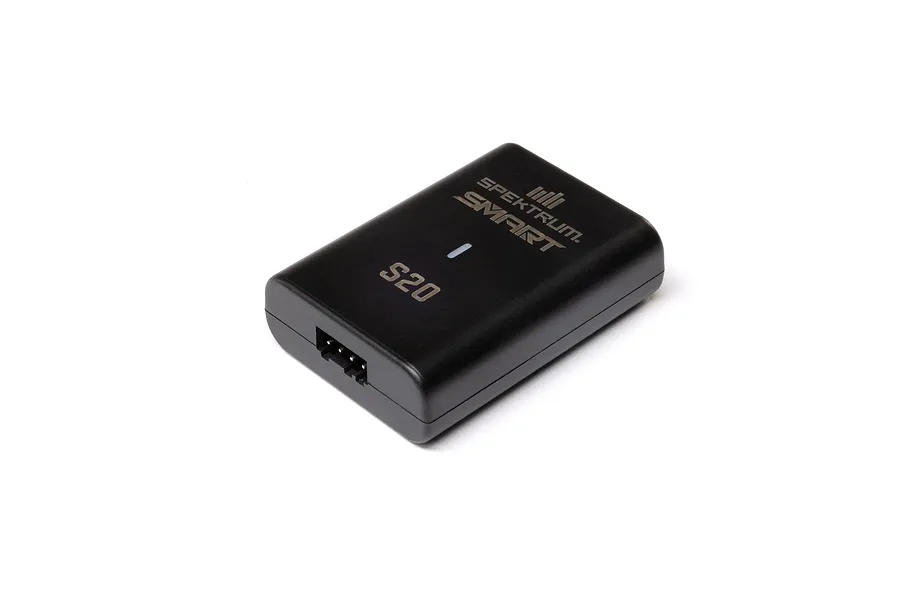 Spektrum S20 Smart LiPo charger unit in black plastic with a visible charging port and status indicator light.