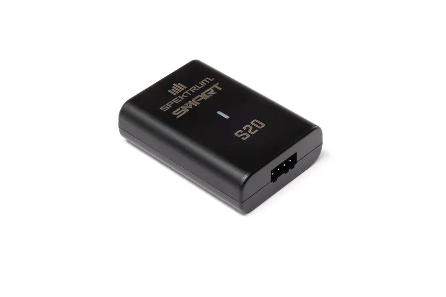 Spektrum S20 Smart LiPo charger unit in black plastic with a balance port connector visible on the side.
