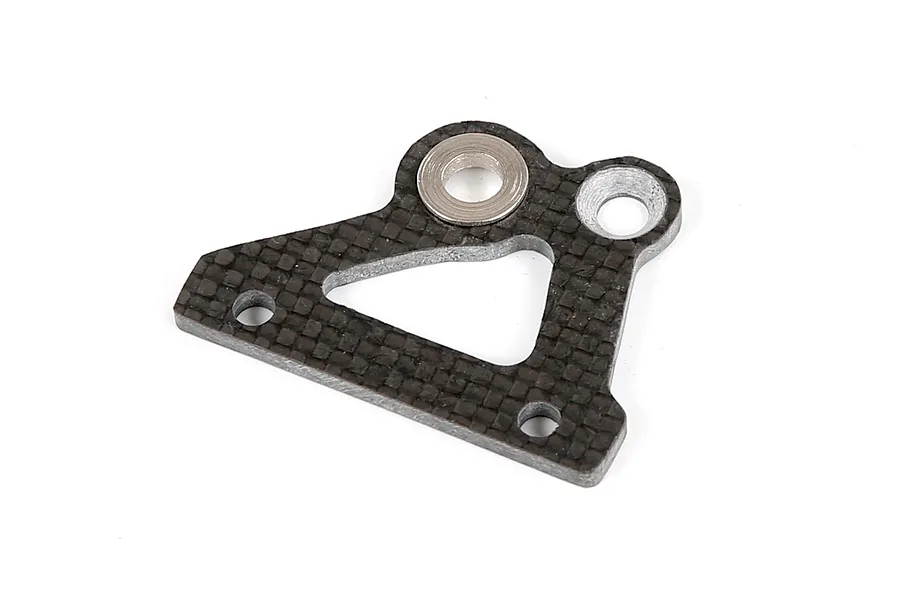 A triangular carbon fibre brake disc mount for an RC car, featuring a woven texture and metal inserts, isolated on a white background.