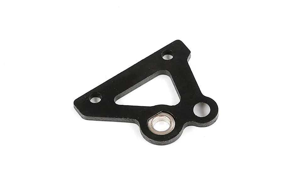 A black Rovan aluminium upper brake plate for RC cars, featuring a triangular cutout and a metal bushing insert.