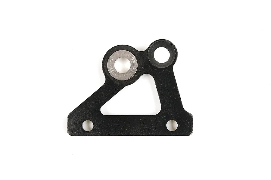 A black Rovan aluminium upper brake plate for RC cars, featuring a triangular shape with mounting holes and a silver metal insert.