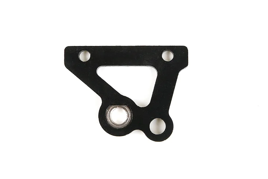 A black Rovan aluminium upper brake plate for RC cars, featuring a flat, angular design with multiple mounting holes and a metal bushing.